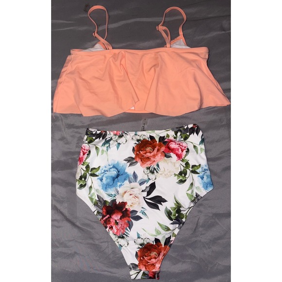 NEW Cupshe 2pc Floral & Peach Ruffle Top/Super High Waist Ruched Bottom Bikini S - Picture 4 of 5